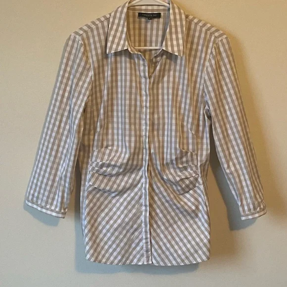 Lafayette 148 New York Beige Gingham Button Down Shirt - Picture 2 of 7